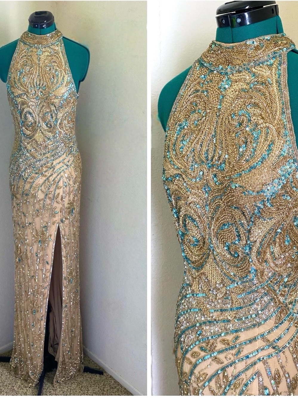 Sherri Hill Gold Heavily Beaded Maxi Slit Formal Dress with Blue Accents 8
